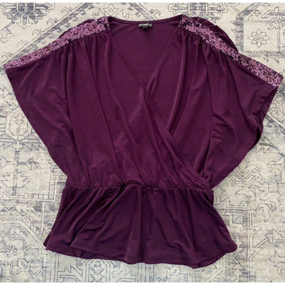 Express Purple‎ Sequin Shoulder Wrap Top Womens Small Satin Blouse Y2K 2000's